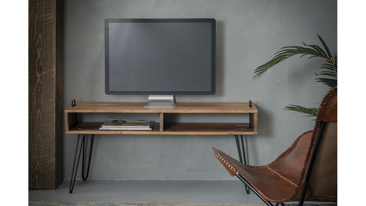 Meuble TV en acacia massif et métal noir ALVIN