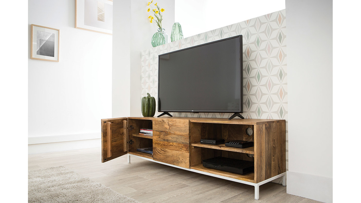 Meuble TV en bois manguier massif et mtal blanc 145cm BOHO