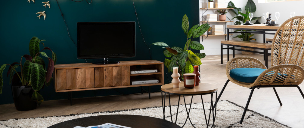 Meuble TV en manguier massif avec portes en relief L120 cm AGRA