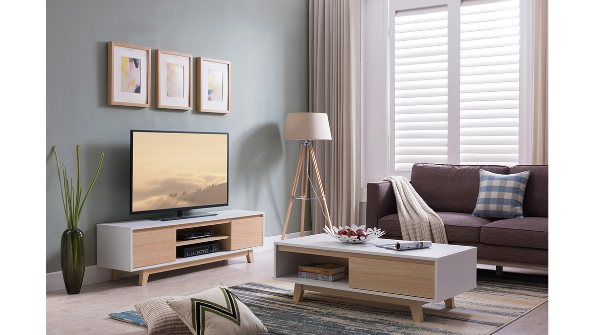 Meuble TV scandinave blanc brillant et bois L160 cm LAHTI