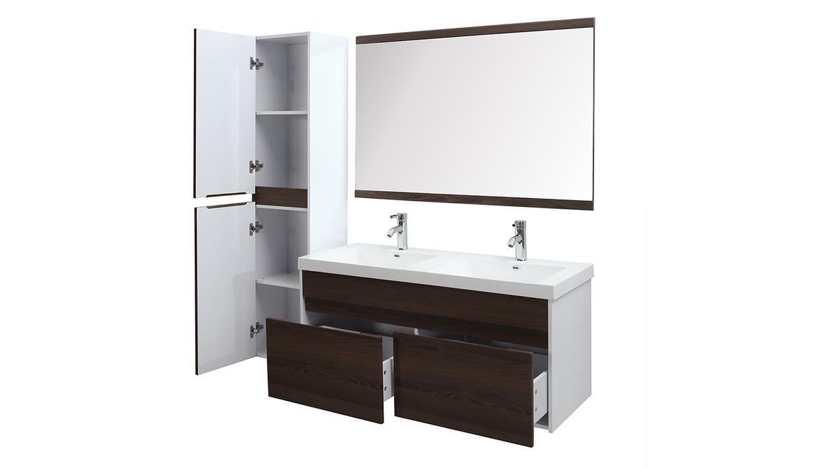 Meubles de salle de bains avec double vasque, miroir et rangements blanc et bois fonc GANFO