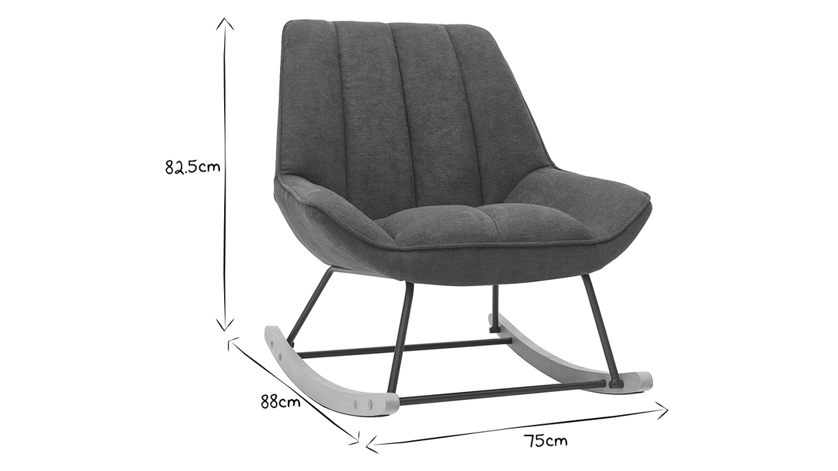 Rocking chair design en tissu effet velours gris fonc, mtal noir et bois clair BILLIE