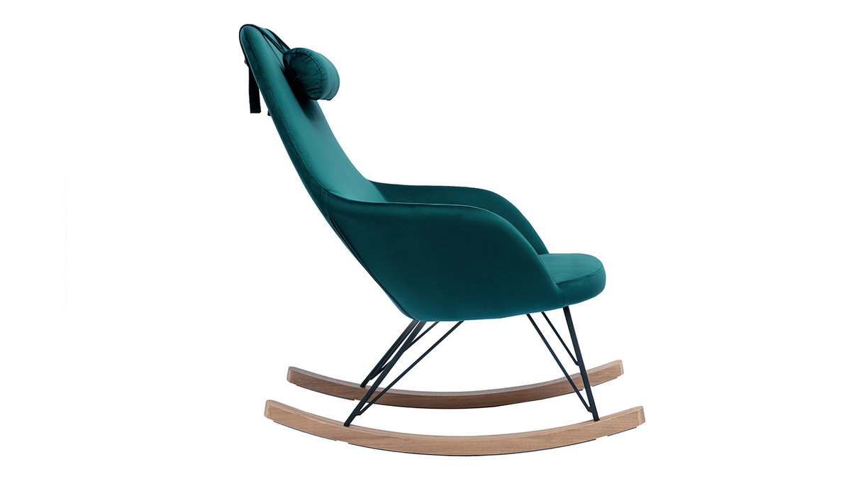 Rocking chair design en tissu velours bleu canard, mtal noir et bois clair JHENE