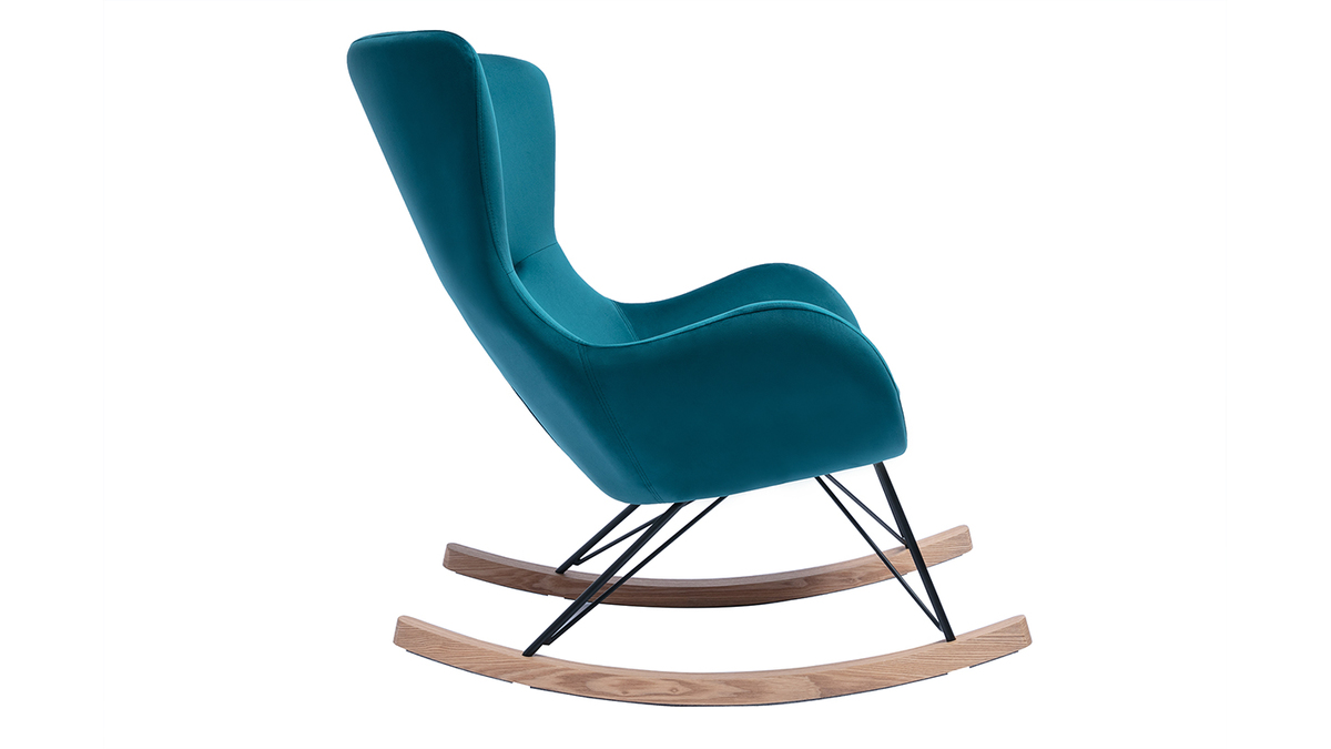 Rocking chair design en tissu velours gaufr bleu canard, mtal noir et bois clair ESKUA