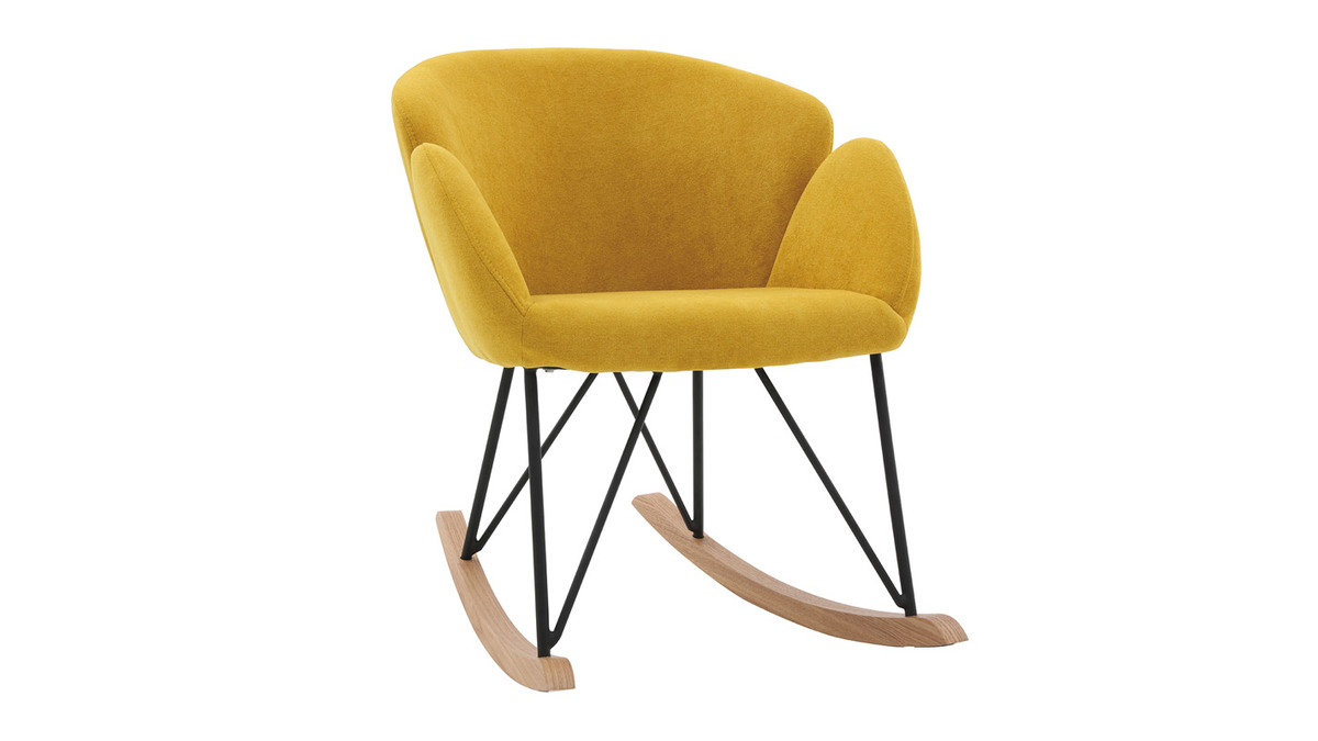 Rocking chair en tissu effet velours jaune moutarde, mtal noir et bois clair RHAPSODY