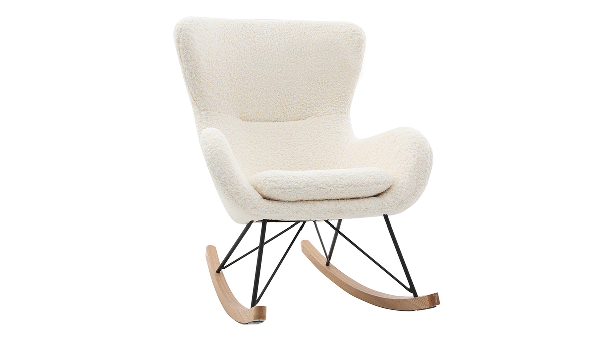 Rocking chair scandinave en tissu effet peau de mouton blanc, mtal noir et bois clair  ESKUA