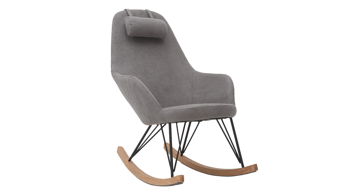 Rocking chair scandinave en tissu effet velours gris, mtal noir et bois clair JHENE