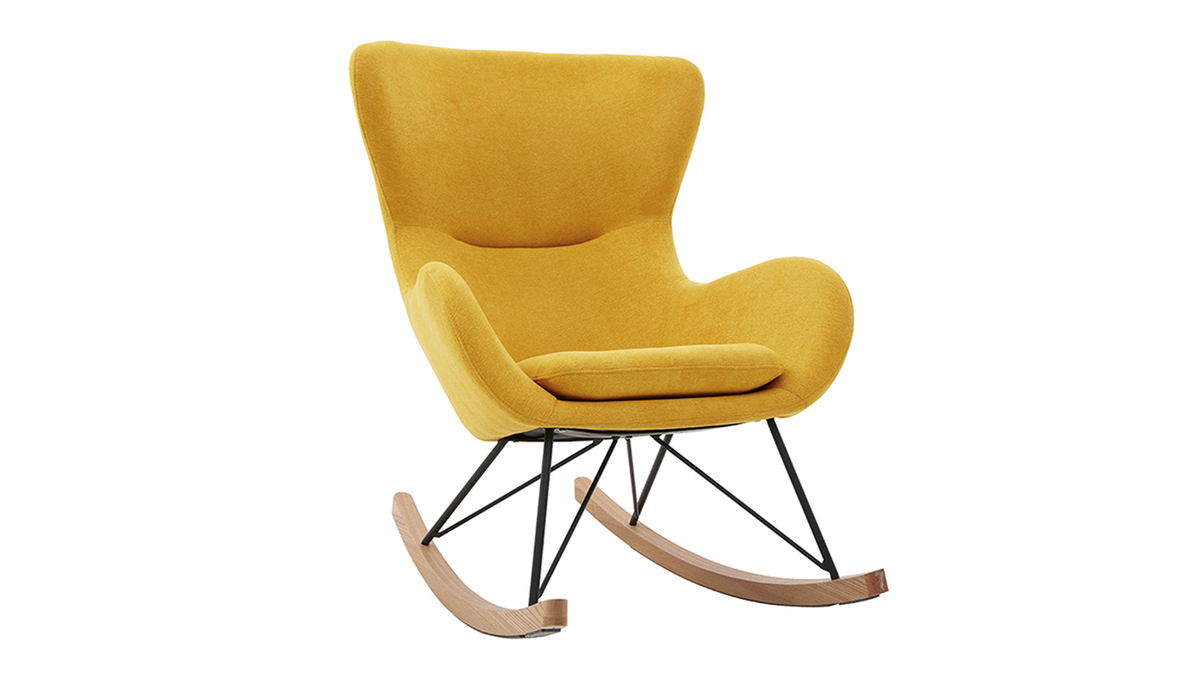Rocking chair scandinave en tissu effet velours jaune moutarde, mtal noir et bois clair ESKUA