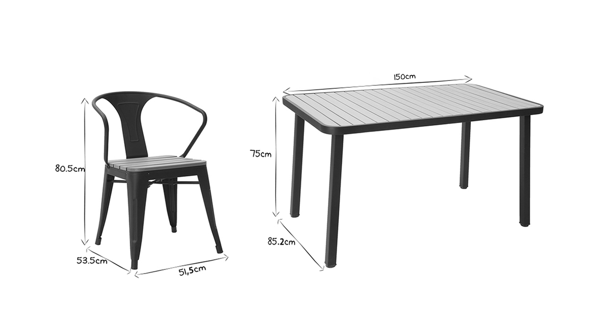 Salon de jardin avec table et 4 chaises empilables bois et mtal noir BERLINER