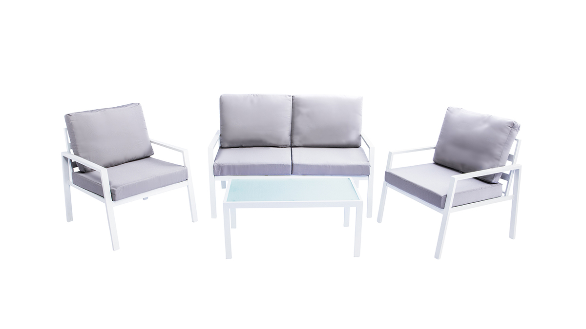 Salon de jardin en mtal blanc avec table, banc et 2 fauteuils CALA