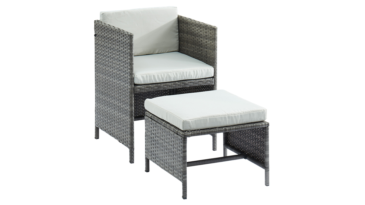 Salon de jardin en rsine tresse grise avec table, fauteuils et poufs CORDOBA