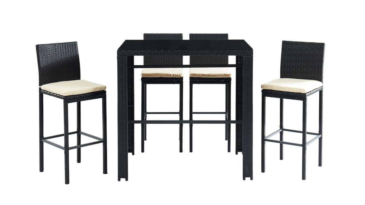 Salon de jardin en rsine tresse noire avec table de bar et 4 chaises JAVEA