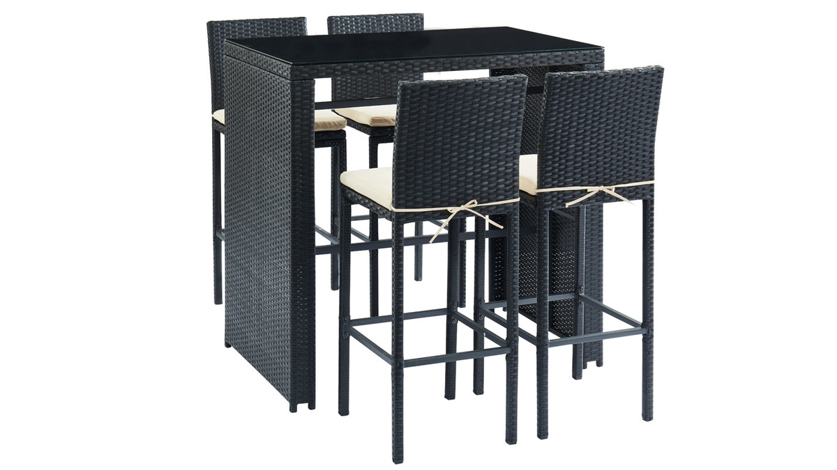Salon de jardin en rsine tresse noire avec table de bar et 4 chaises JAVEA