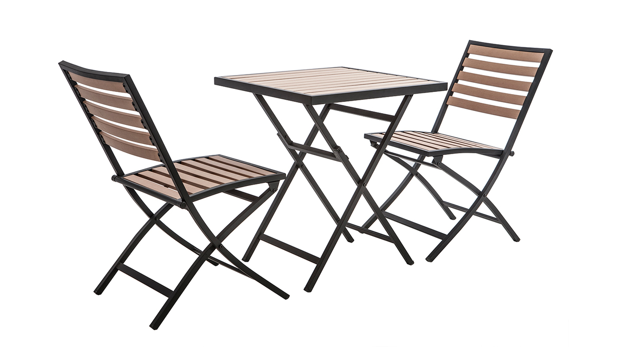 Salon de jardin pliable avec table et 2 chaises noir et bois MOJITO
