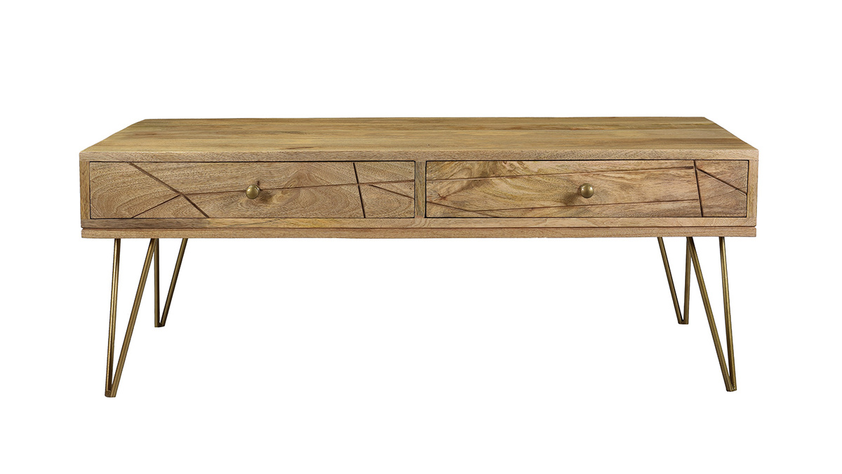 Table basse 2 tiroirs grave bois manguier massif et mtal dor L120 cm LINIUM