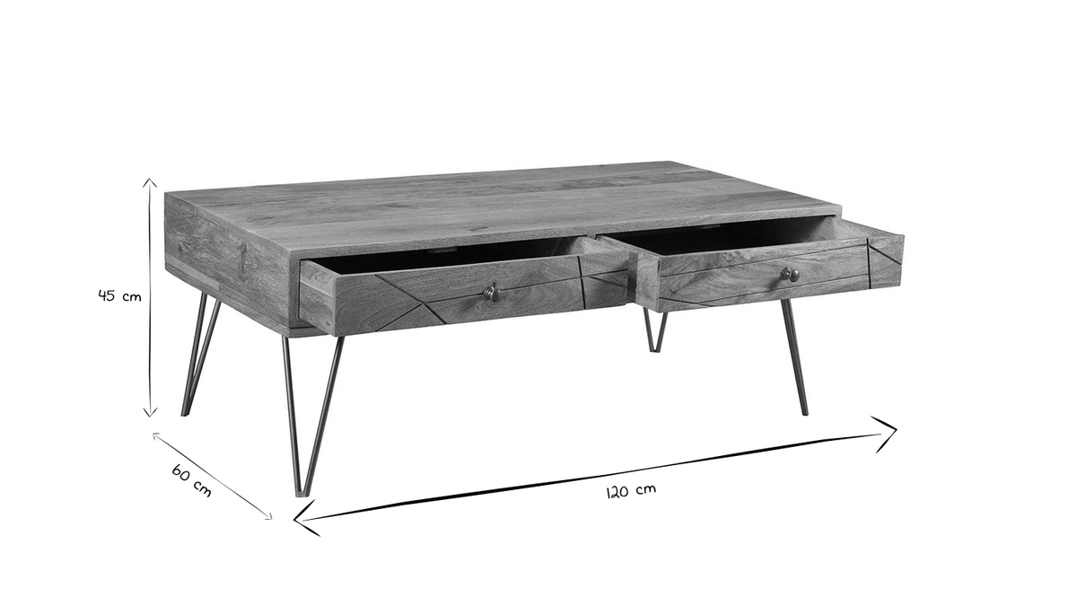 Table basse 2 tiroirs grave bois manguier massif et mtal dor L120 cm LINIUM