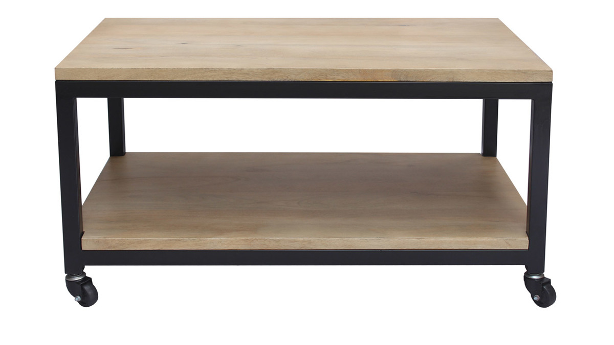 Table basse  roulettes industrielle bois manguier massif et mtal noir L90 cm FACTORY