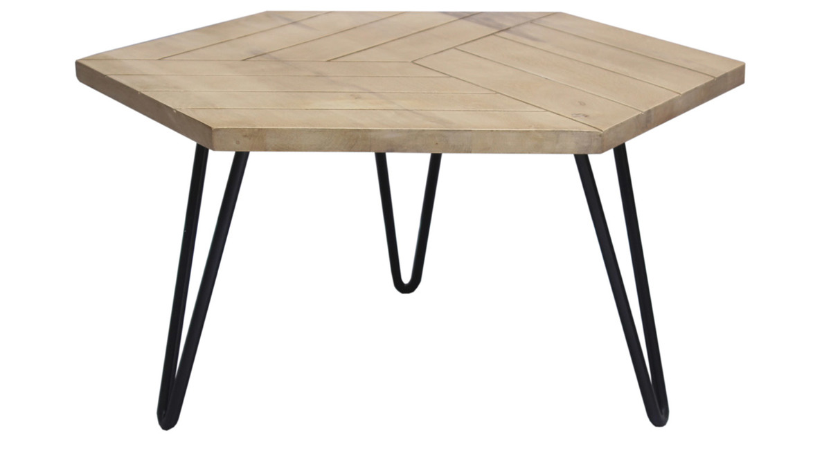 Table basse hexagonale gravée bois clair manguier massif et métal noir L80 cm VIBES