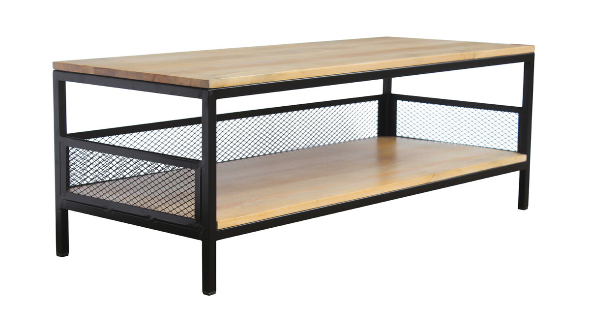 Table basse rectangulaire industrielle bois clair manguier massif et mtal noir L110 cm RACK