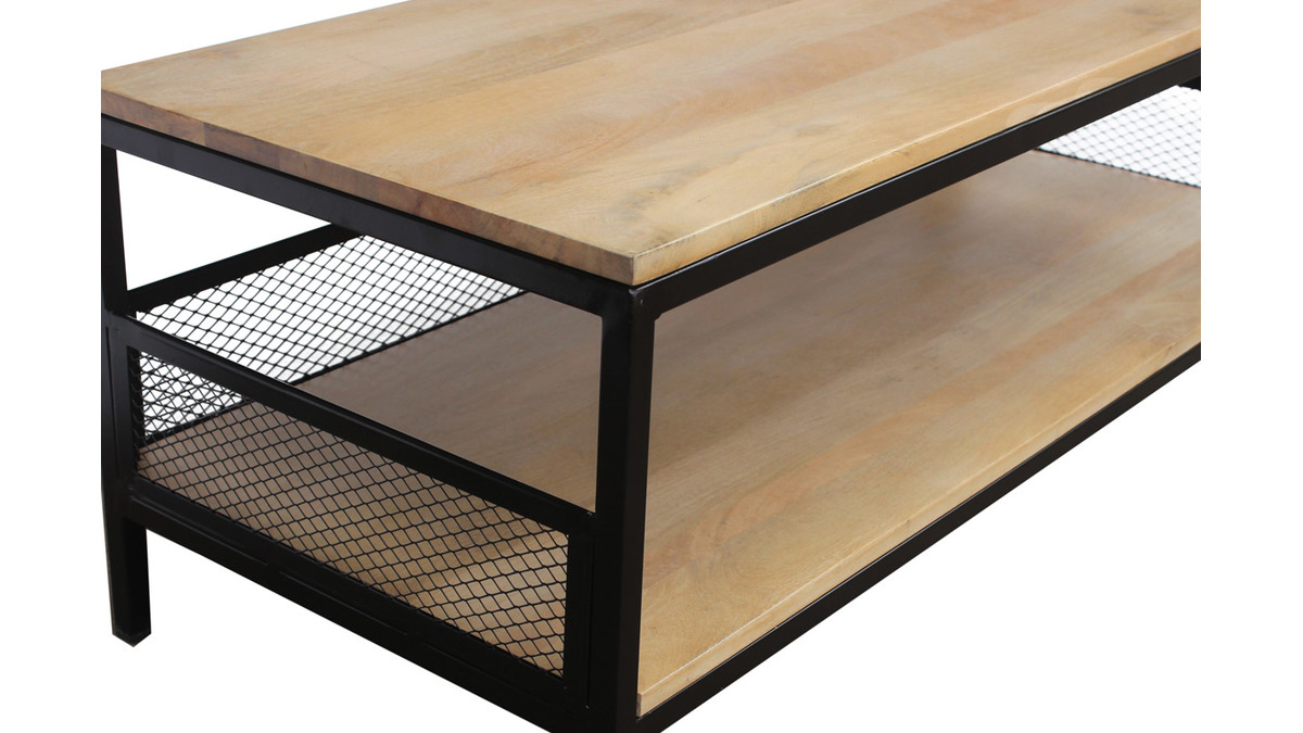 Table basse rectangulaire industrielle bois clair manguier massif et mtal noir L110 cm RACK