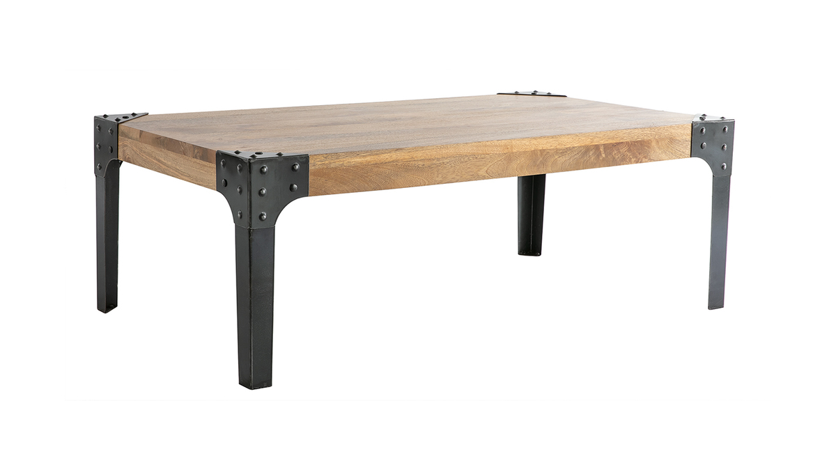 Table basse rectangulaire industrielle bois manguier massif et mtal noir L100 cm MADISON