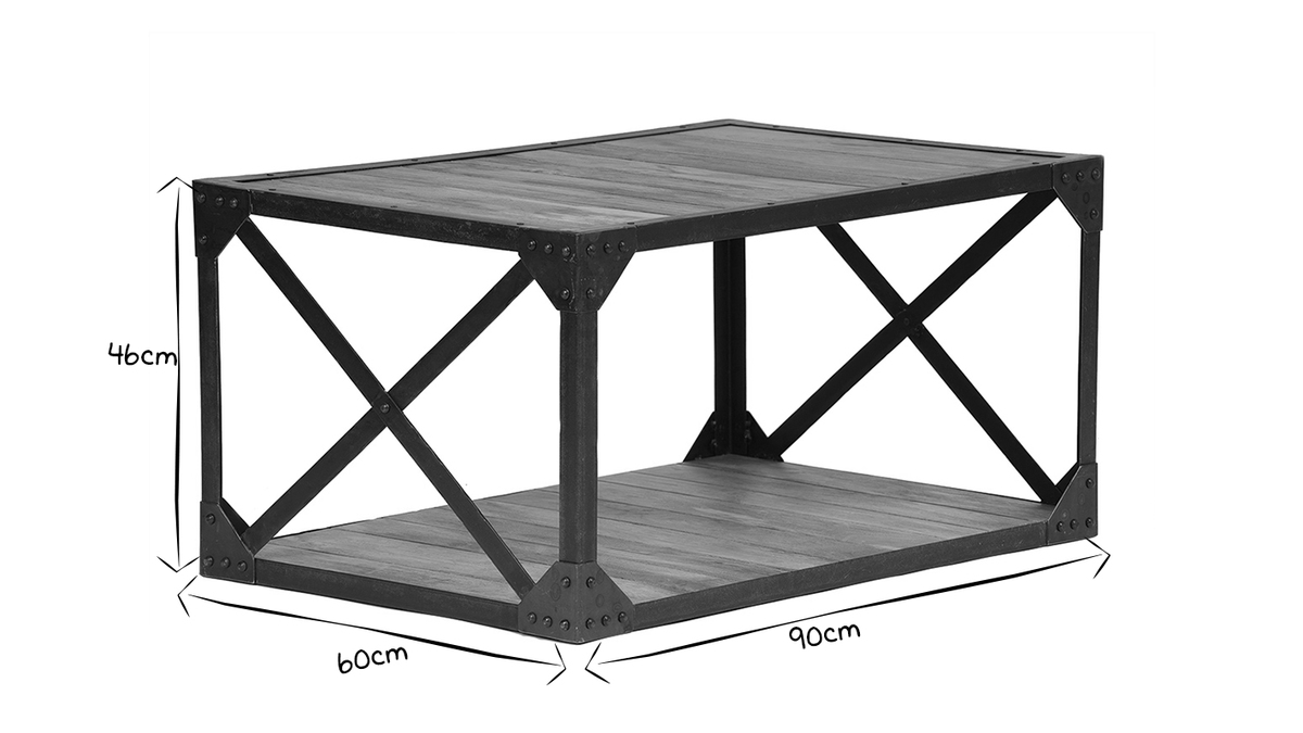 Table basse rectangulaire industrielle bois manguier massif et mtal noir L90 cm ATELIER