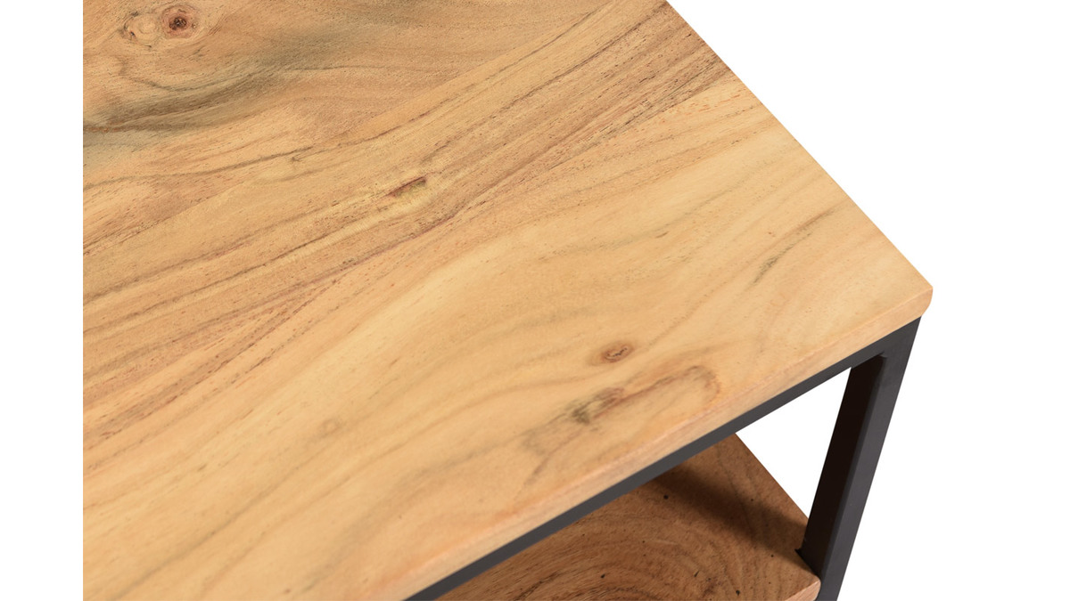 Table basse rectangulaire industrielle bois massif et mtal noir L100 cm YONA