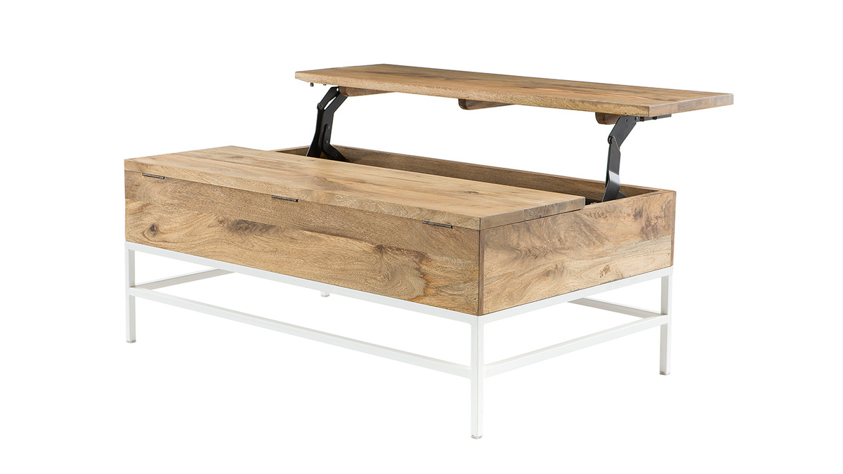 Table basse relevable rectangulaire bois clair manguier massif et métal blanc L110 cm BOHO