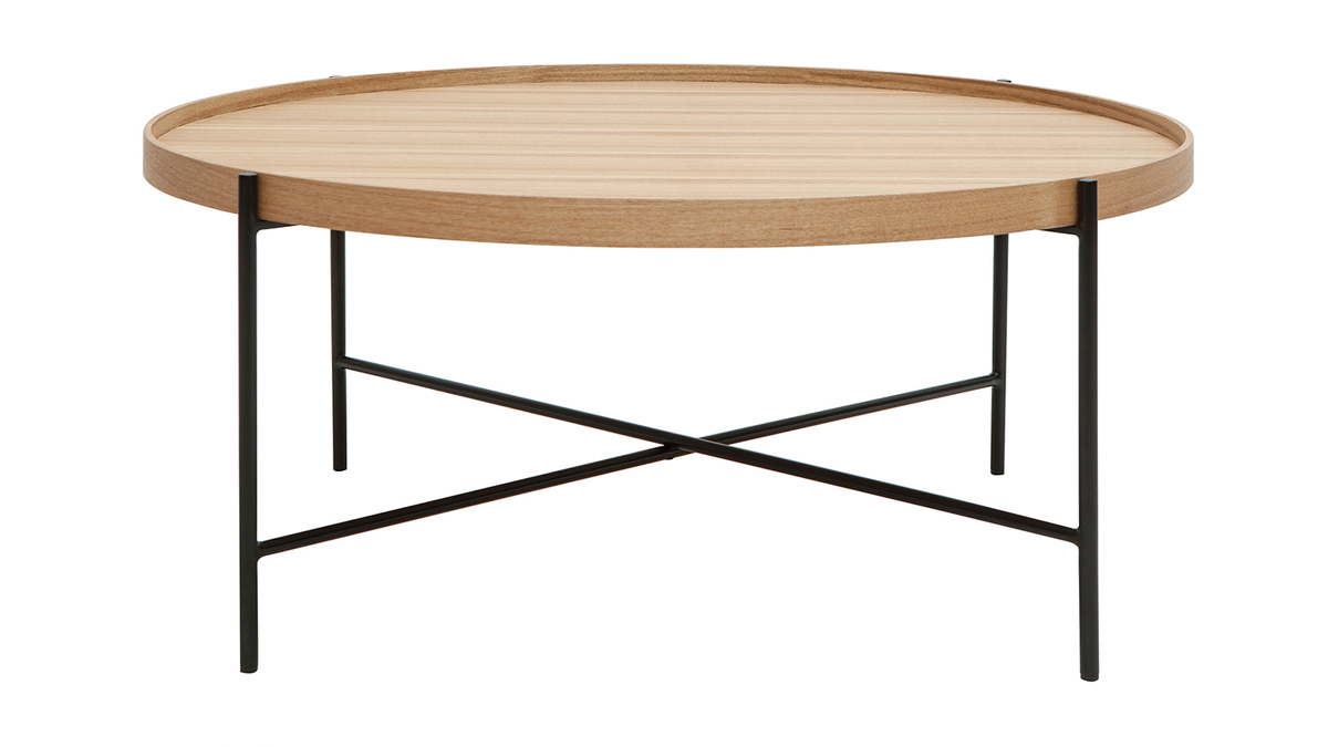Table basse ronde bois clair et mtal noir D90 cm BASSY