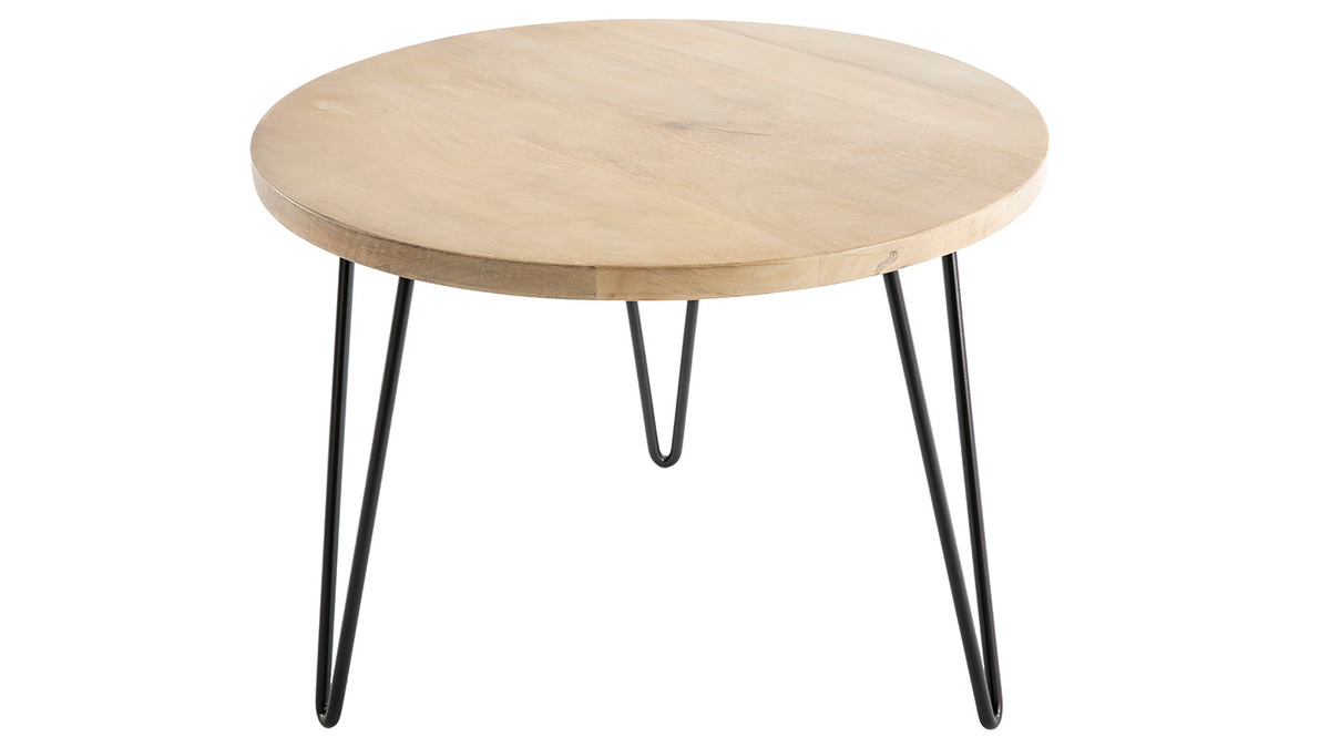 Table basse ronde bois clair manguier massif et métal noir D60 cm VIBES