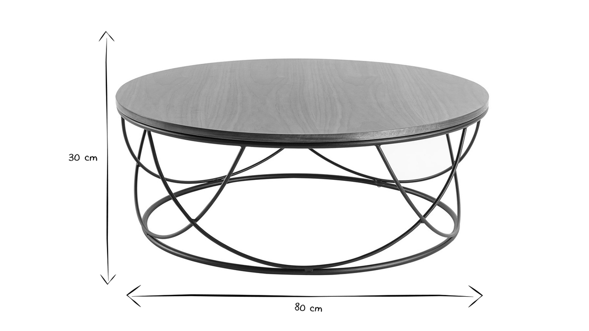 Table basse ronde bois fonc noyer et mtal noir D80 cm LACE