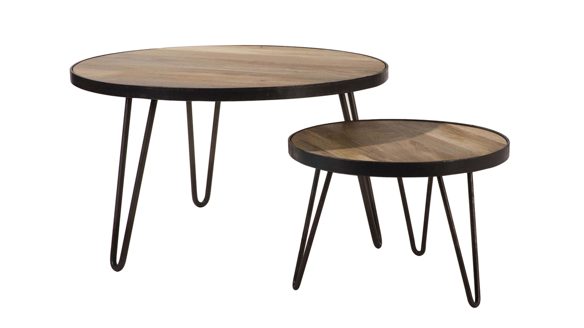 Table basse ronde industrielle bois clair manguier massif et métal noir D50 cm ATELIER