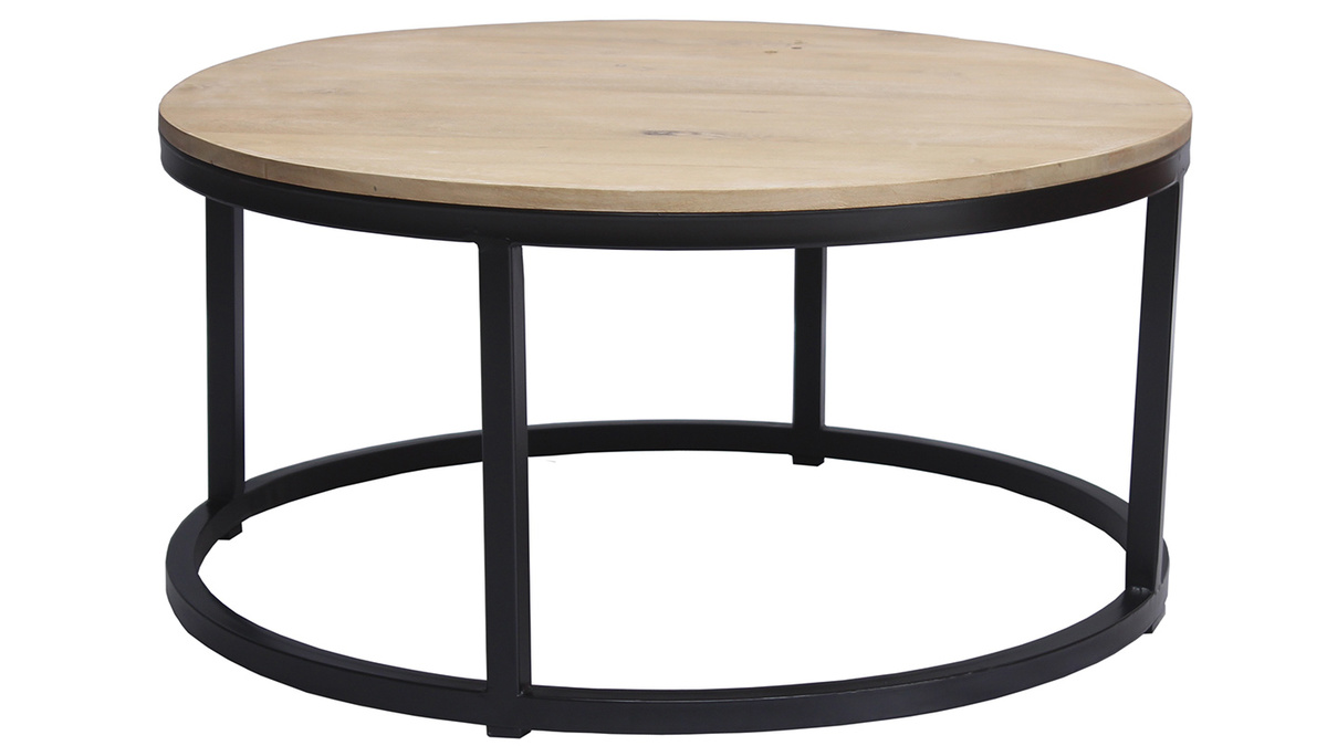 Table basse ronde industrielle  bois clair manguier massif et mtal noir D80 cm FACTORY