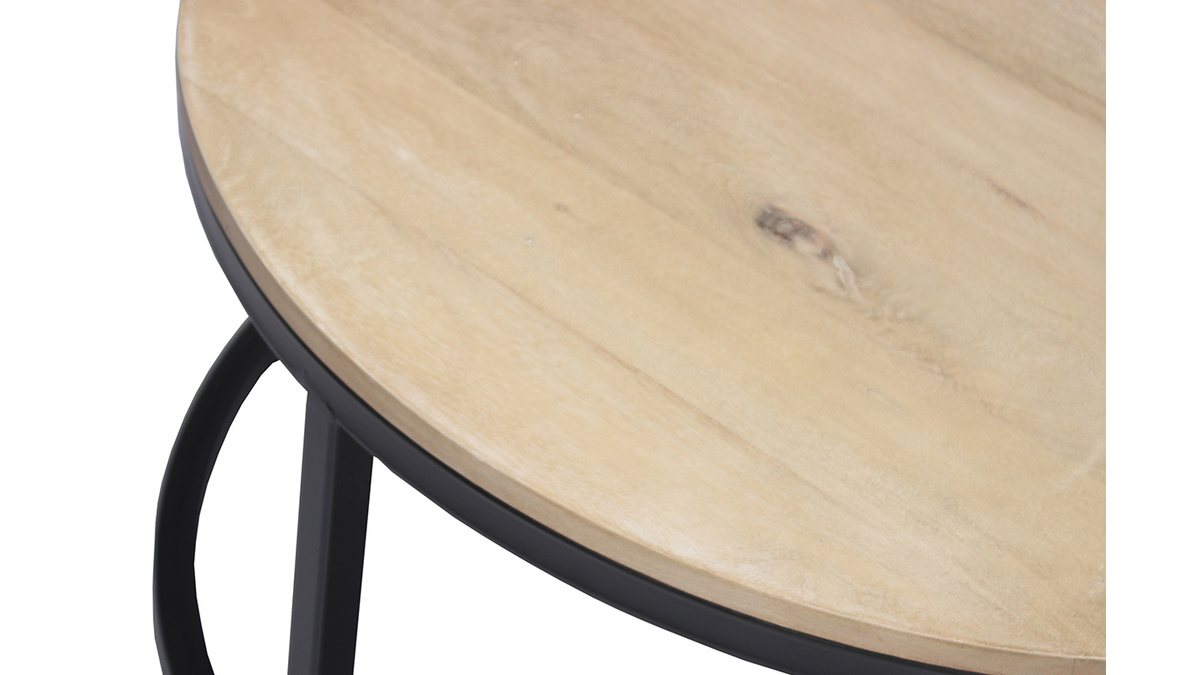 Table basse ronde industrielle  bois clair manguier massif et mtal noir D80 cm FACTORY