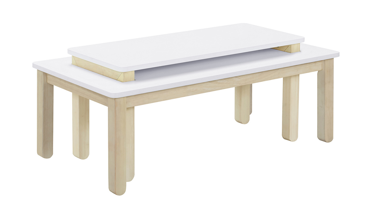 Table basse scandinave avec banc intgr blanc et bois clair L110 cm CYBEL