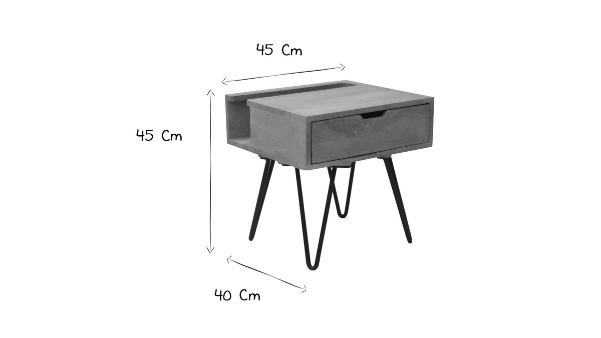 Table de chevet industrielle bois manguier massif et métal noir VIBES