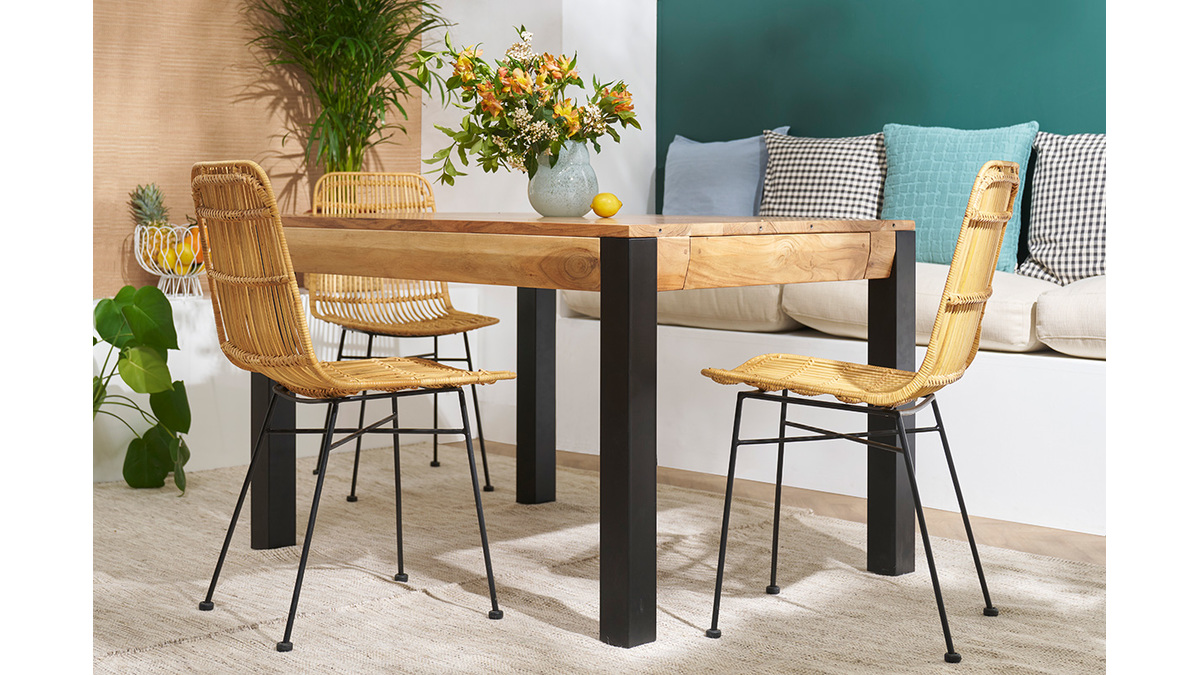 Table extensible rallonges intgres rectangulaire en bois massif et mtal noir L120-210 cm TRAP