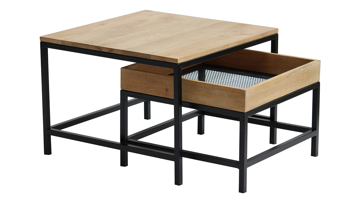 Tables basses gigognes carrées bois clair manguier massif et métal noir (lot de 2) RACK