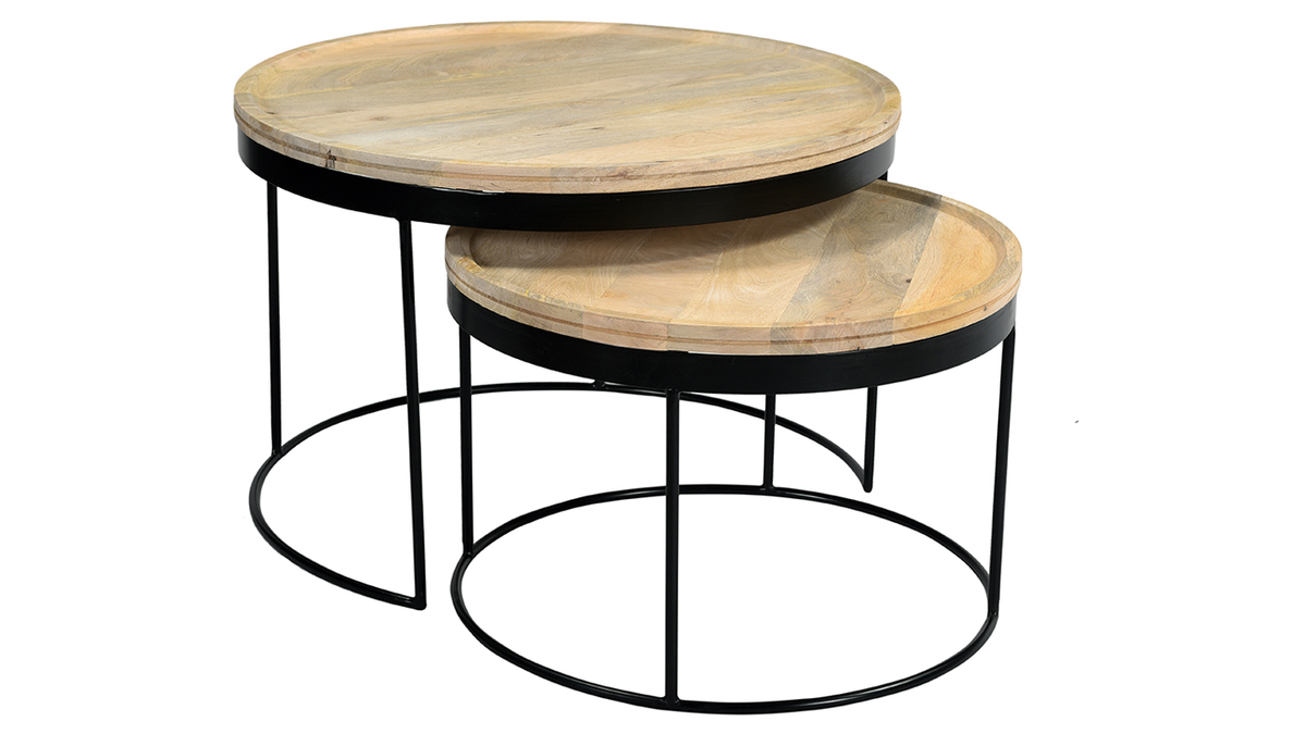 Tables basses gigognes rondes bois clair manguier massif et métal noir (lot de 2) LEDGE