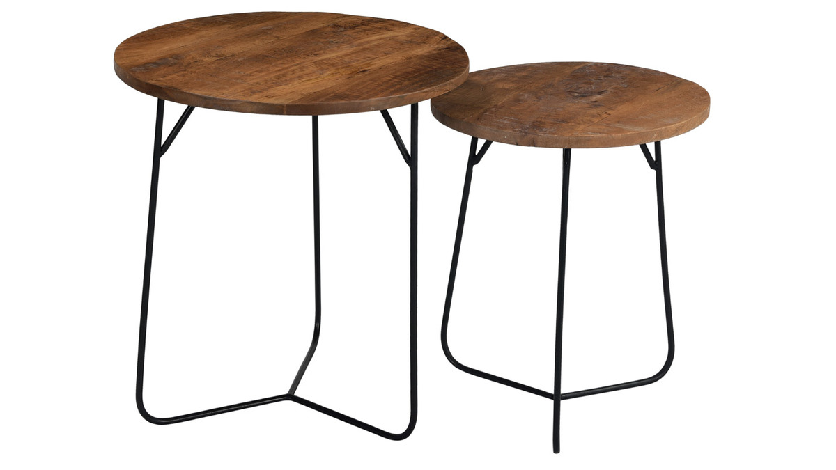 Tables basses gigognes rondes bois massif et métal noir (lot de 2) AQUILA