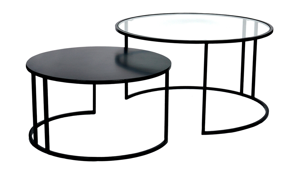 Tables basses gigognes rondes design verre tremp et mtal noir TAHL (lot de 2)