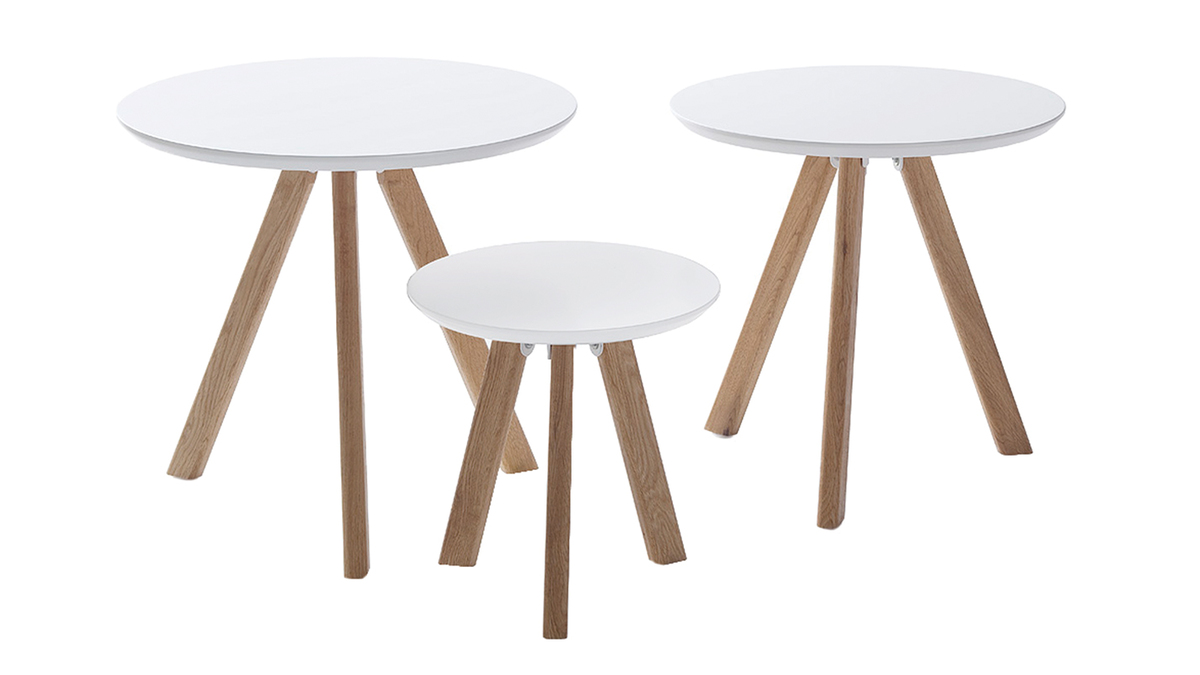 Tables gigognes scandinaves rondes blanc et bois (lot de 3) TENO