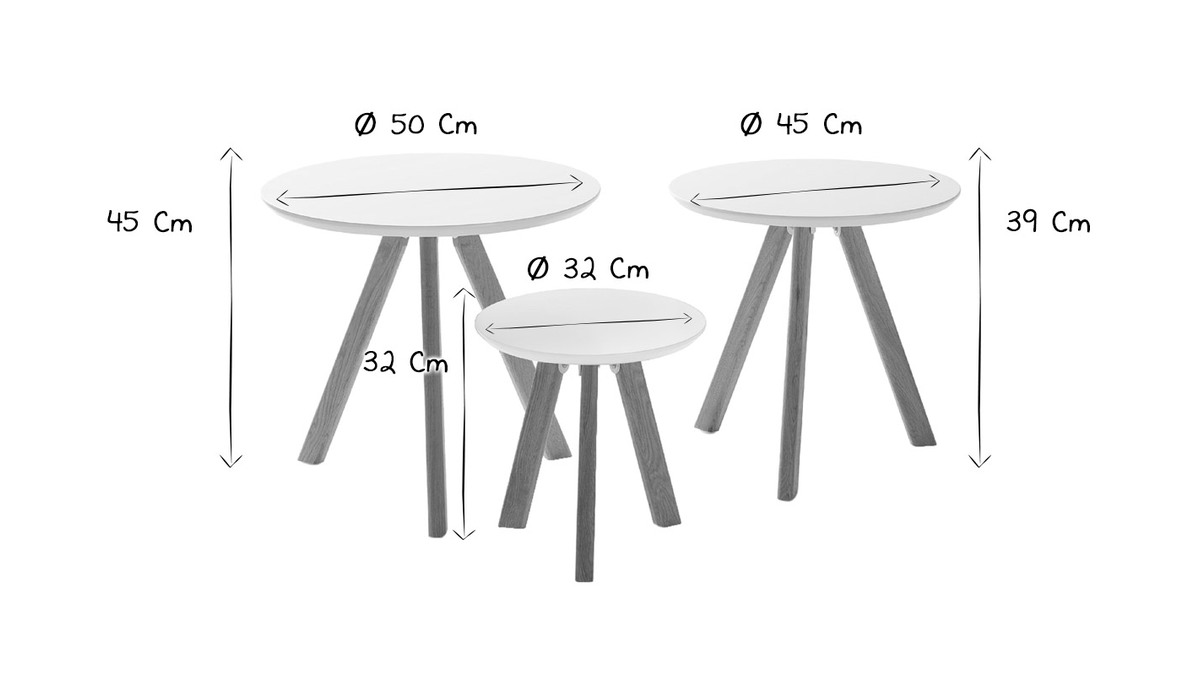 Tables gigognes scandinaves rondes blanc et bois (lot de 3) TENO